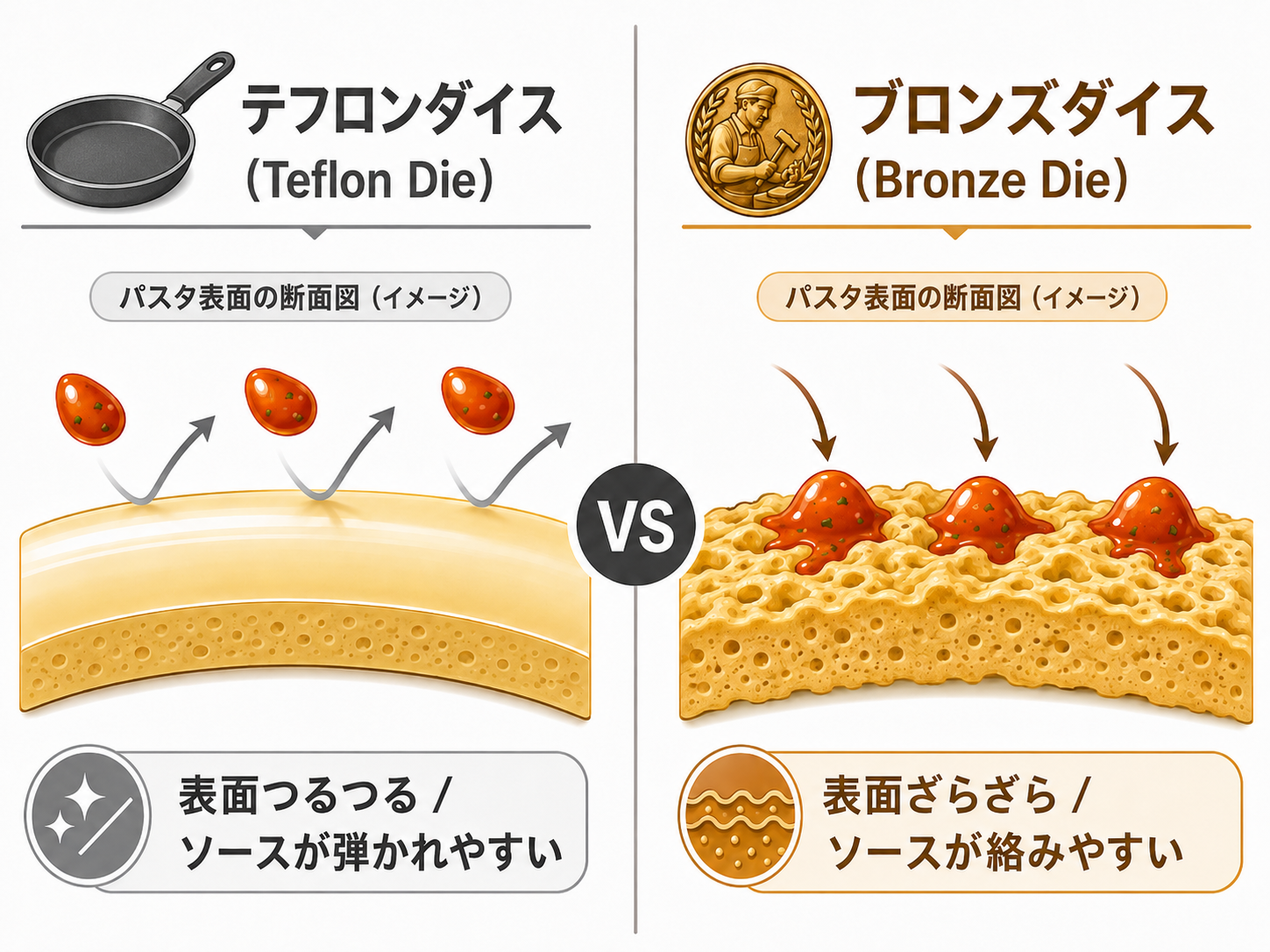 テフロンダイスvsブロンズダイス:パスタ表面の違いとソースの絡み方比較