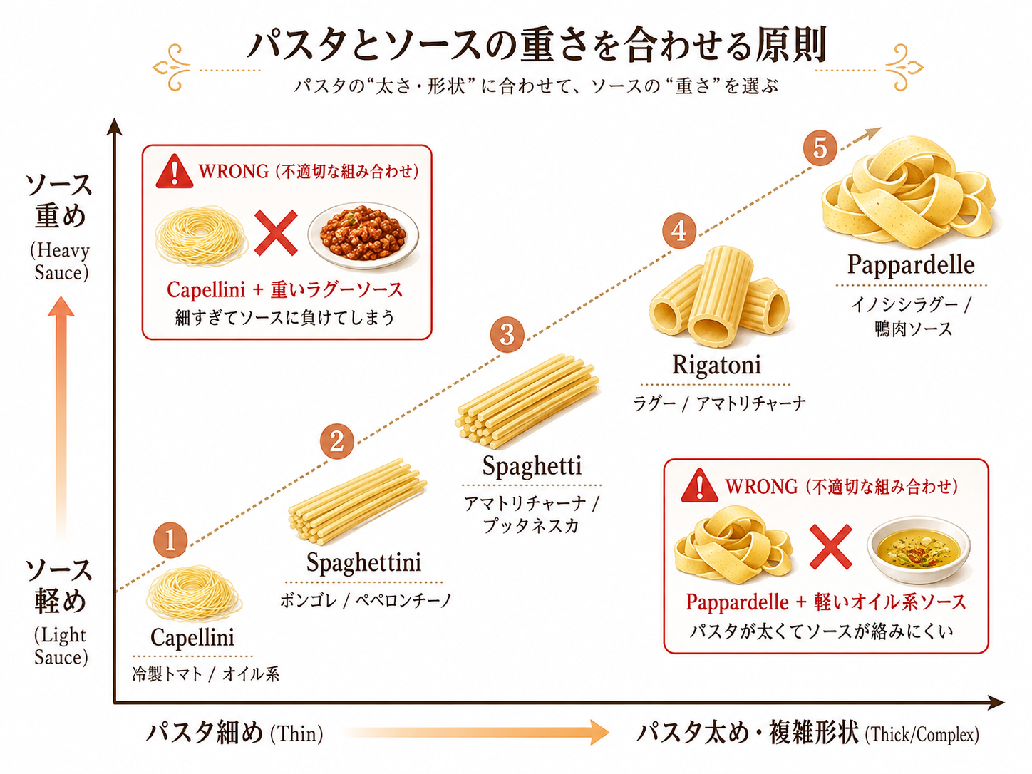 パスタとソースの重さを合わせる原則:細いパスタ×軽いソース〜太いパスタ×重いソースのマッチング図